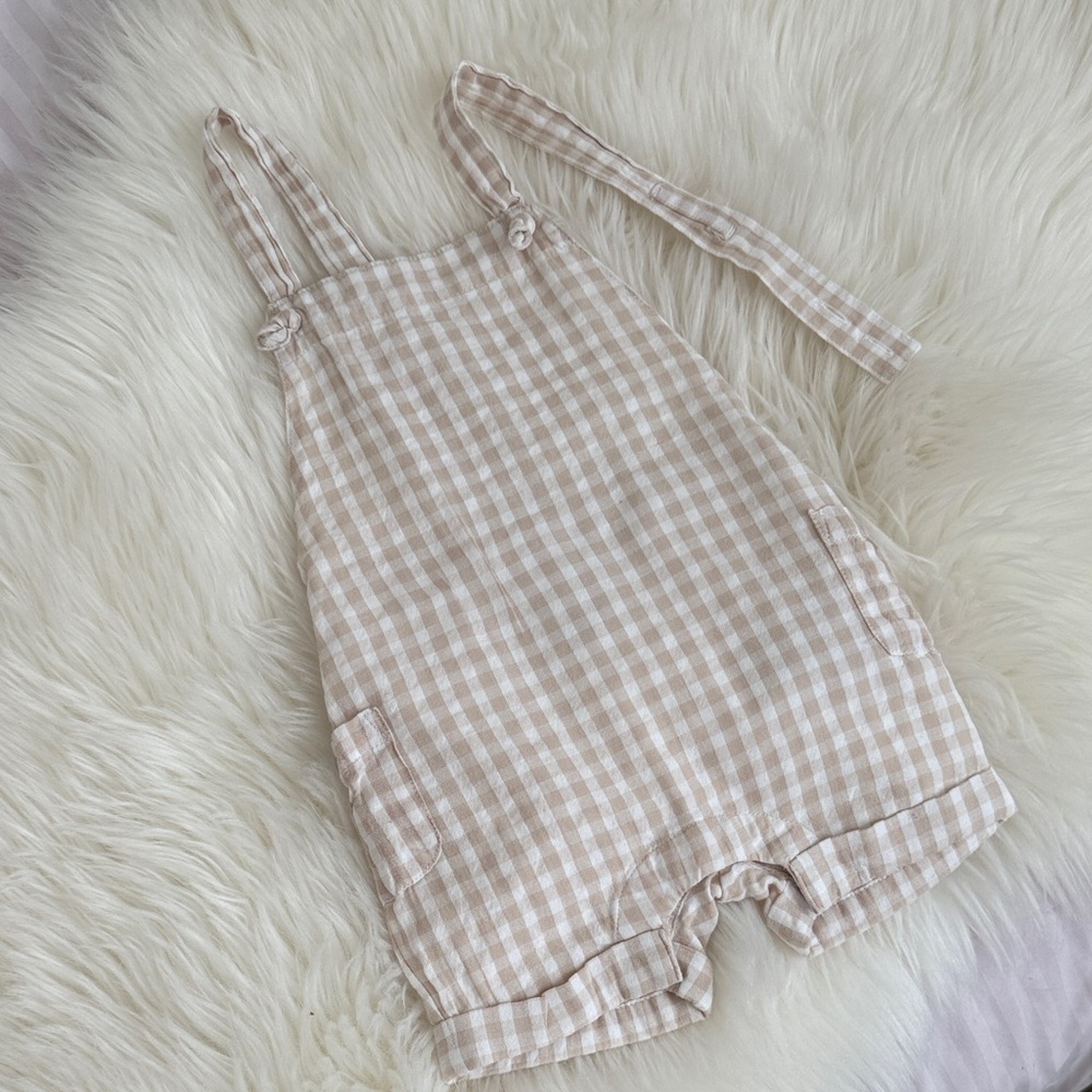 Janie and Jaxck Kids Tan Checkered Overalls 3-6 months.